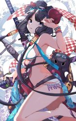 Rule 34 | 1girl, absurdres, amu (258shin), bare shoulders, belt, bikini, blue eyes, blue ribbon, bracelet, breasts, fate/grand order, fate (series), feet out of frame, floral print, goggles, goggles on head, grey background, hair ornament, highres, jewelry, katana, katsushika hokusai (fate), katsushika hokusai (swimsuit saber) (fate), long hair, low twintails, medium breasts, octopus, purple hair, ribbon, sheath, swimsuit, sword, thigh strap, tokitarou (fate), twintails, very long hair, weapon, white bikini