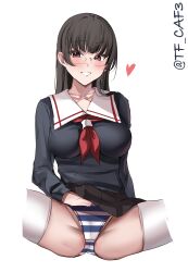 1girl absurdres alternate_costume black_hair black_shirt black_skirt blush breasts choukai_(kancolle) glasses grin heart highres kantai_collection large_breasts long_hair neckerchief one-hour_drawing_challenge panties pleated_skirt red_eyes red_neckerchief sailor_collar shirt simple_background skirt smile solo spread_legs striped_clothes striped_panties tf_cafe thighhighs twitter_username underwear white_background white_thighhighs