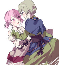 Rule 34 | 2girls, absurdres, assertive female, black bow, black corset, blue dress, blush, bow, braid, closed mouth, coat dress, collared dress, colorful festival (project sekai), commentary request, corset, dress, frilled dress, frills, green dress, green hair, hand on another&#039;s shoulder, highres, himitsu no valentine daisakusen! (project sekai), korean commentary, kusanagi nene, long sleeves, multicolored clothes, multicolored dress, multiple girls, off-shoulder dress, off shoulder, ootori emu, open mouth, pink eyes, pink hair, pj potato, project sekai, short hair, short twintails, simple background, single braid, skirt, twintails, white dress, yuri