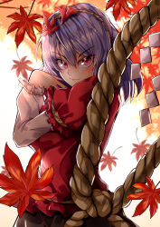 Rule 34 | 1girl, absurdres, autumn leaves, black skirt, blouse, closed mouth, commentary request, cowboy shot, frilled sleeves, frills, from side, hair between eyes, highres, layered sleeves, leaf, leaf background, long sleeves, looking at viewer, looking to the side, mahoro (minase mahoro), medium hair, pink eyes, puffy short sleeves, puffy sleeves, purple hair, red shirt, rope, shimenawa, shirt, short over long sleeves, short sleeves, skirt, smile, solo, touhou, v-shaped eyebrows, white shirt, yasaka kanako