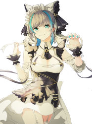 Rule 34 | 1girl, :3, absurdres, aqua eyes, azur lane, black dress, black hair, breasts, cheshire (azur lane), cleavage, cleavage cutout, clothing cutout, dress, frilled bracelet, garter belt, green hair, highres, hinaname, looking at viewer, maid, maid headdress, multicolored hair, nail polish, paw pose, short hair, skirt, smile, standing, streaked hair, thighhighs, two-tone hair, white background, white skirt, white thighhighs