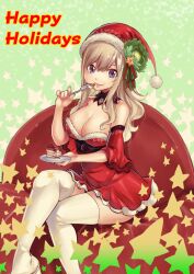 Rule 34 | 1girl, absurdres, bare shoulders, blonde hair, blue eyes, breasts, christmas, cleavage, eating, eden&#039;s zero, hat, highres, large breasts, long hair, looking at viewer, mashima hiro, official art, rebecca bluegarden, santa hat, skirt, solo, thighhighs, thighs