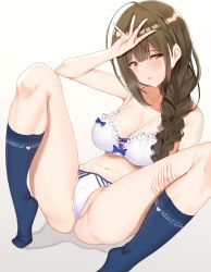 Rule 34 | 1girl, absurdres, amrita (amber78gou), anus, anus peek, ass, bare arms, bare shoulders, blue socks, blush, bra, braid, breasts, brown hair, cleavage, collarbone, hair over shoulder, half-closed eyes, hand on own thigh, hand up, highres, idolmaster, idolmaster shiny colors, knees up, kuwayama chiyuki, large breasts, long hair, looking at viewer, navel, no shoes, panties, parted lips, partially visible vulva, sidelocks, single braid, sitting, socks, solo, stomach, thighs, underwear, underwear only, white background, white bra, white panties