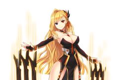 Rule 34 | 1girl, bare shoulders, black choker, black dress, black gloves, blonde hair, breasts, choker, cleavage, closed mouth, cowboy shot, dot nose, dress, elbow gloves, game cg, gloves, gnoass (master of eternity), gold bracelet, hair ornament, heterochromia, large breasts, long hair, looking at viewer, low neckline, master of eternity, multiple swords, non-web source, official art, orange gemstone, pelvic curtain, purple eyes, red eyes, simple background, smile, solo, strapless, strapless dress, transparent background, very long hair