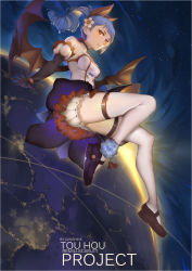 Rule 34 | &gt;:), 1girl, absurdres, alternate costume, alternate hairstyle, bat wings, black footwear, black gloves, bloomers, blue hair, blunt bangs, breasts, choker, detached sleeves, dress, ear piercing, earth (planet), elbow gloves, flower, flying, from side, full body, gloves, hair flower, hair ornament, highres, looking to the side, mary janes, medium breasts, orange eyes, parted lips, piercing, planet, pointy ears, ponytail, remilia scarlet, shoes, smile, solo, sunshine (1638509769), thighhighs, touhou, underwear, v-shaped eyebrows, white thighhighs, wings
