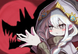 Rule 34 | 1girl, asteria of the white woods, blush stickers, braid, diabellstar the black witch, duel monster, extra digits, grey eyes, grey hair, grey sweater, highres, hood, hood up, noppe, red background, shadow, shadow puppet, solo, sweater, twin braids, upper body, wolf, yu-gi-oh!