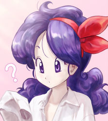 Rule 34 | 1girl, ?, bow, collared shirt, dragon ball, dragon ball (classic), hair bow, highres, ishiyuki, long hair, long sleeves, lunch (dragon ball), lunch (good) (dragon ball), purple eyes, purple hair, red bow, shirt, simple background, sleeves past fingers, sleeves past wrists, solo, upper body, white shirt