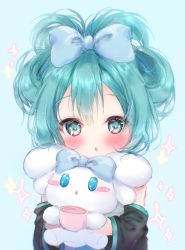 Rule 34 | 1girl, :o, alternate hairstyle, animal, aqua eyes, aqua hair, blue background, blue bow, blue eyes, blush, blush stickers, bow, cinnamiku, cinnamoroll, crossover, cup, detached sleeves, ear bow, h0l83, hair bow, hatsune miku, highres, holding, holding animal, holding cup, looking at viewer, sanrio, simple background, sparkle, sparkling eyes, tied ears, updo, upper body, vocaloid