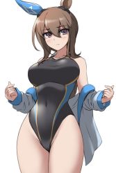 Rule 34 | 1girl, admire vega (umamusume), animal ears, black one-piece swimsuit, breasts, brown hair, competition swimsuit, covered navel, cowboy shot, ear covers, groin, hair between eyes, horse ears, horse girl, horse tail, jacket, large breasts, long hair, looking at viewer, multicolored clothes, multicolored swimsuit, one-piece swimsuit, open clothes, open jacket, pataneet, purple eyes, simple background, single ear cover, solo, standing, swimsuit, swimsuit under clothes, tail, thighs, umamusume, white background, white jacket