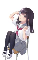 Rule 34 | 1girl, arm up, black pantyhose, blush, brown hair, chair, commentary request, eye drops, grey eyes, grey sailor collar, grey skirt, hand up, highres, holding, knees up, long hair, mary janes, na-ga, neckerchief, on chair, one eye closed, original, pantyhose, pleated skirt, red neckerchief, sailor collar, school chair, school uniform, shirt, shoes, short sleeves, simple background, sitting, skirt, solo, wavy mouth, white background, white footwear, white shirt