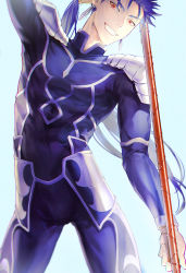Rule 34 | 1boy, armor, beads, blue bodysuit, blue hair, bodysuit, bulge, changye, closed mouth, cu chulainn (fate), cu chulainn (fate/stay night), earrings, fang, fate/stay night, fate (series), floating hair, gae bolg (fate), grin, hair beads, hair ornament, holding, holding polearm, holding weapon, jewelry, long hair, looking at viewer, male focus, muscular, muscular male, pauldrons, polearm, ponytail, red eyes, shoulder armor, simple background, skin tight, smile, solo, spiked hair, weapon