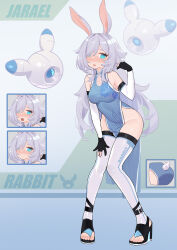 Rule 34 | 1girl, absurdres, animal ears, bare hips, bare shoulders, blue dress, blue eyes, bob (pixiv49522586), character name, character sheet, china dress, chinese clothes, commission, commissioner upload, covered navel, dithering, dress, drone, elbow gloves, embarrassed, expressions, feet, floral print, gloves, grey hair, hair over one eye, hand in own hair, hand on own thigh, highres, jarael (rayer), no panties, original, partially fingerless gloves, rabbit ears, rabbit girl, rabbit symbol, rabbit tail, robot, tail, thighhighs, toenails, toes, wedge heels, white thighhighs