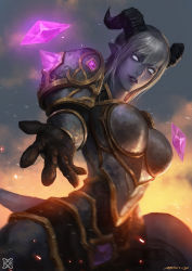 Rule 34 | 1girl, armor, blue skin, boobplate, breastplate, colored skin, draenei, grey eyes, horns, looking down, outstretched arm, parted lips, pauldrons, short hair, shoulder armor, silver hair, solo, tail, warcraft, world of warcraft, xiaoguimist