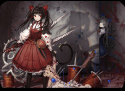 Rule 34 | 2girls, bad id, bad nicoseiga id, black gloves, black hair, blood, blood stain, blue bow, blue eyes, blunt bangs, bow, character request, cibo (killy), closed mouth, dress, gloves, hair bow, holding, holding weapon, letterboxed, long hair, long sleeves, multiple girls, nagai gojitsudan no nechronica, needle, original, pale skin, peeking out, personification, red bow, red dress, red eyes, scissors, shadow, smile, string, stuffed animal, stuffed toy, tail, teddy bear, twintails, weapon