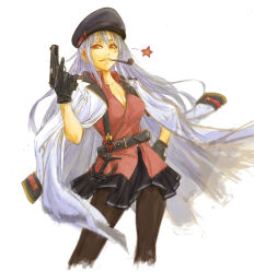 Rule 34 | anchor, bad id, bad pixiv id, belt, black gloves, black skirt, breasts, cervus, cleavage, collared shirt, commentary, communism, cowboy shot, cropped legs, dress shirt, gangut (kancolle), gloves, grey hair, grin, gun, hair between eyes, hammer and sickle, hand on own hip, hand up, handgun, hat, highres, holding, holding gun, holding weapon, jacket, jacket on shoulders, kantai collection, large breasts, long hair, looking at viewer, military, military uniform, miniskirt, mouth hold, mp-443 grach, open clothes, open shirt, pantyhose, parted lips, peaked cap, pipe in mouth, pistol, pleated skirt, red eyes, red shirt, red star, ringed eyes, shirt, simple background, skirt, smile, smoking pipe, solo, soviet, standing, star (symbol), traditional media, trigger discipline, uniform, weapon, white background, white jacket