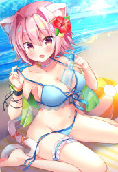 Rule 34 | 1girl, :d, animal ears, bad id, bad pixiv id, beach, beach mat, between breasts, bikini, blue bikini, blush, breasts, bridal garter, cat ears, cat tail, cleavage, collarbone, commentary request, fang, flower, hair between eyes, hair flower, hair intakes, hair ornament, hairclip, hibiscus, highres, jewelry, kantai collection, large breasts, light blush, masayo (gin no ame), navel, necklace, ocean, open mouth, pink eyes, pink hair, ramune, short hair, side-tie bikini bottom, sitting, smile, solo, swimsuit, tail, tama (kancolle), untied bikini, wariza