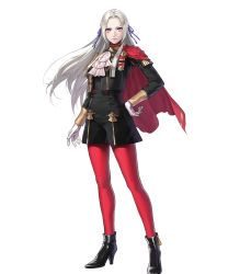Rule 34 | 1girl, ankle boots, black dress, black footwear, boots, cape, dress, edelgard von hresvelg, fire emblem, fire emblem: three houses, fire emblem heroes, full body, gloves, hand on own hip, high heel boots, high heels, highres, long hair, long sleeves, nintendo, pantyhose, parted bangs, red cape, red pantyhose, short dress, solo, standing, suda ayaka, transparent background, white gloves