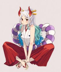 Rule 34 | 1girl, bare shoulders, blue hair, blush, commentary request, curled horns, earrings, grey background, grey hair, hair ornament, hair stick, hakama, highres, hoop earrings, horns, japanese clothes, jewelry, kimono, long hair, looking at viewer, multicolored hair, one piece, oni, oni horns, ponytail, red hakama, red horns, rope, sandals, shimenawa, simple background, sitting, sleeveless, sleeveless kimono, solo, tsuki0425, two-tone hair, white kimono, yamato (one piece)