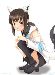 Rule 34 | 1girl, animal ears, asymmetrical legwear, black hair, black skirt, black thighhighs, blue neckerchief, detached sleeves, fox ears, fox tail, fubuki (kancolle), green eyes, hololive, hood, hoodie, kantai collection, looking at viewer, low ponytail, medium hair, neckerchief, one-hour drawing challenge, ray.s, shirakami fubuki, shirakami fubuki (1st costume), short ponytail, sidelocks, simple background, single thighhigh, skirt, solo, squatting, tail, thighhighs, virtual youtuber, white background, white hoodie