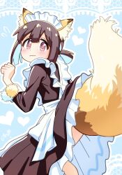Rule 34 | 1girl, alternate costume, animal ear fluff, animal ears, blue background, blue hair, blunt bangs, brown eyes, brown hair, clothes lift, commentary, enmaided, fox ears, fox girl, fox tail, frills, from behind, heart, highres, hozuki momiji, inconvenient tail, kemonomimi mode, large tail, long sleeves, looking at viewer, looking back, maid, maid headdress, multicolored hair, nuurise2023, onii-chan wa oshimai!, outline, pom pom (clothes), short hair, short ponytail, simple background, skirt, skirt lift, solo, tail, tail under clothes, two-tone hair, wavy mouth, white outline