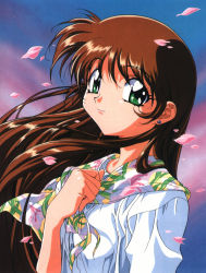 Rule 34 | 1990s (style), 1girl, artist request, blue seed, brown hair, can, earrings, fujimiya momiji, green eyes, highres, jewelry, long hair, looking at viewer, official art, petals, retro artstyle, scan, scarf, smile, solo, stud earrings, upper body