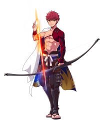 Rule 34 | 1boy, abs, applechoc, arrow (projectile), bow, commentary request, emiya shirou, fate/grand order, fate (series), full body, glowing, glowing weapon, highres, igote, limited/zero over, looking at viewer, male focus, red hair, sandals, senji muramasa (fate), topless male, short hair, simple background, solo, weapon, white background, yellow eyes