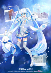 Rule 34 | 1girl, blue background, blue eyes, blue hair, blue necktie, blue scarf, boots, building, character name, commentary, detached sleeves, earmuffs, full body, grey skirt, grey sleeves, grey thighhighs, hair ornament, hands up, hatsune miku, headset, high heels, highres, kei (keigarou), light blue hair, logo, long hair, looking at viewer, mittens, necktie, official art, open mouth, outstretched arm, rabbit, rabbit yukine, scarf, second-party source, shiny clothes, shirt, skirt, sleeveless, sleeveless shirt, smile, snowflake background, snowflake print, snowflakes, thigh boots, thighhighs, twintails, upper body, very long hair, vocaloid, white mittens, white scarf, white shirt, yuki miku, yuki miku (2011)