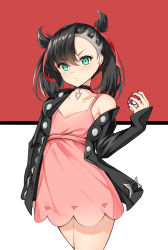Rule 34 | 1girl, absurdres, asymmetrical bangs, asymmetrical hair, bad id, bad pixiv id, bare shoulders, black hair, black jacket, black nails, breasts, catnnn, choker, collarbone, commentary request, creatures (company), dress, earrings, frown, game freak, green eyes, hair ribbon, highres, holding, holding poke ball, jacket, jewelry, long sleeves, looking at viewer, marnie (pokemon), nail polish, nintendo, open clothes, pink dress, poke ball, poke ball (basic), pokemon, pokemon swsh, red background, red ribbon, ribbon, simple background, small breasts, solo, twintails, two-tone background, white background