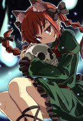 Rule 34 | 1girl, animal ear fluff, animal ears, ascot, braid, cat ears, closed mouth, commentary request, dark background, dress, extra ears, feet out of frame, frilled dress, frills, green dress, hair ribbon, hitodama, holding, holding skull, hug, juliet sleeves, kaenbyou rin, long sleeves, looking at viewer, maguro (mawaru sushi), pointy ears, puffy sleeves, red ascot, red eyes, red hair, ribbon, simple background, skull, solo, touhou, twin braids, twintails