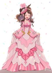 Rule 34 | 1girl, antenna hair, blush, brown hair, closed eyes, clothes lift, commentary request, confetti, creatures (company), dress, dress lift, eyelashes, frills, full body, game freak, hat, highres, hilda (pokemon), hilda (special costume) (pokemon), lifting own clothes, long hair, long sleeves, mini hat, nintendo, official alternate costume, open mouth, pink dress, pink hat, pokemon, pokemon masters ex, shuri (riri shu), sidelocks, smile, solo, standing, tongue