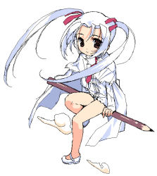 Rule 34 | 1girl, bare legs, blue hair, cape, cloud, dress, flying, frills, full body, hair ribbon, long hair, long sleeves, looking at viewer, mary janes, mibu natsuki, necktie, no legwear, oekaki, oversized object, pencil, red eyes, red necktie, ribbon, shoes, short hair, simple background, sitting, smile, solo, standing, twintails, white dress, white hair