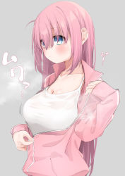 Rule 34 | 1girl, absurdres, blue eyes, blush, bocchi the rock!, breasts, camisole, cleavage, closed mouth, gotoh hitori, grey background, hair over eyes, hand up, highres, hijouguti, jacket, long hair, long sleeves, looking away, medium breasts, pink hair, pink jacket, see-through, simple background, sleeves past wrists, solo, steam, track jacket, very long hair, wet, wet clothes, white camisole