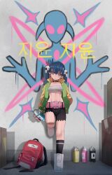 Rule 34 | 1girl, backpack, bag, belt, belt buckle, black nails, black shorts, black socks, blue hair, boots, breasts, buckle, closed mouth, commentary request, full body, graffiti, green jacket, hair ornament, highres, holding, jacket, ji-yoon (jourd4n), jourd4n, kneehighs, korean text, long sleeves, looking at viewer, medium breasts, nail polish, navel, open clothes, open jacket, original, pink belt, puffy long sleeves, puffy sleeves, red eyes, sarashi, short shorts, shorts, skull hair ornament, socks, solo, spray can, translation request, twintails, white footwear
