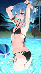 Rule 34 | 1girl, arm strap, armpits, arms up, ass, ball, beach chair, beach umbrella, beachball, bead bracelet, beads, bikini, black bikini, blue eyes, blue hair, bowsan, bracelet, breasts, closed mouth, floral print, from behind, hair tie in mouth, high ponytail, highres, hololive, hoshimachi suisei, jewelry, looking at viewer, looking back, mouth hold, night, night sky, pool, rose print, side-tie bikini bottom, sky, small breasts, solo, star (sky), starry sky, swimsuit, twisted torso, tying hair, umbrella, virtual youtuber, wading, water, wet