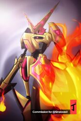 Rule 34 | 1boy, absurdres, armor, digimon, digimon (creature), fire, highres, male focus, omegashoutmon, omegashoutmon x-antibody, red eyes, solo