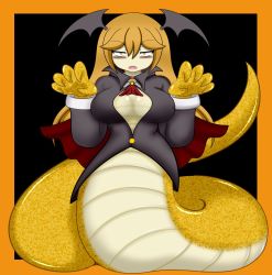 Rule 34 | breasts, cape, fangs, formal, head wings, highres, looking at viewer, open mouth, shokun, snake girl, suit, wings