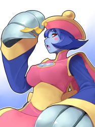Rule 34 | 1girl, blue skin, blush stickers, capcom, chinese clothes, claws, cleavage cutout, clothing cutout, colored skin, gradient background, hat, lei lei, misonou hirokichi, open mouth, purple hair, red eyes, solo, upper body, vampire (game)