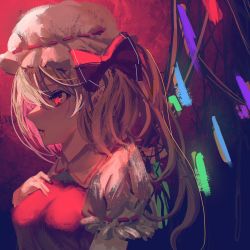 Rule 34 | 1girl, alternate breast size, blonde hair, blood, blood from mouth, breasts, closed mouth, collared shirt, fang, fang out, flandre scarlet, frilled sleeves, frills, from side, hand on own chest, hat, highres, medium breasts, medium hair, mob cap, multicolored wings, puffy short sleeves, puffy sleeves, red background, red eyes, red ribbon, ribbon, ribbon-trimmed headwear, ribbon-trimmed sleeves, ribbon trim, shirt, short sleeves, solo, toho sweet, touhou, upper body, white hat, white shirt, wings