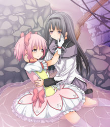 Rule 34 | 10s, 2girls, akemi homura, black hair, bow, bubble skirt, creek (moon-sky), dress, gloves, hairband, hand on another&#039;s face, holding, kaname madoka, kneeling, long hair, magical girl, mahou shoujo madoka magica, mahou shoujo madoka magica (anime), multiple girls, pantyhose, partially submerged, pink eyes, pink hair, pleated skirt, purple eyes, rubble, short twintails, skirt, twintails, water, wet