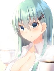 Rule 34 | 10s, 1girl, backlighting, bad id, bad twitter id, blush, breasts, cleavage, close-up, closed mouth, coffee, collarbone, cup, dress shirt, green eyes, green hair, hair between eyes, hair ornament, hairclip, hands up, hickey, highres, holding, holding cup, kantai collection, large breasts, light smile, long hair, looking at viewer, naked shirt, navy (navy.blue), open clothes, open shirt, shirt, simple background, smile, solo, suzuya (kancolle), teacup, upper body, white background