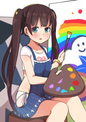 Rule 34 | 1girl, apron, blue eyes, brown hair, canvas (object), crop top, highres, long hair, midriff, no pants, open mouth, original, paintbrush, painting (action), palette (object), panties, ribbon, shirt, side-tie panties, sitting, solo, surio, t-shirt, twintails, underwear, very long hair, white panties