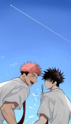 Rule 34 | 2boys, absurdres, aircraft, airplane, black hair, blue sky, blush, bubble, blowing bubbles, bubble wand, closed eyes, commentary, day, facial mark, facing another, fushiguro megumi, green eyes, happy, highres, itadori yuuji, jujutsu kaisen, male focus, multiple boys, necktie, open mouth, outdoors, pink hair, red necktie, shirt, short hair, short sleeves, sky, smile, somwang 07, spiked hair, symbol-only commentary, undercut, white shirt, yaoi