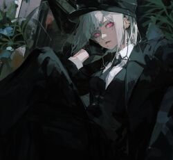 Rule 34 | 1girl, 96yottea, absurdres, black gloves, black jacket, black necktie, black pants, black vest, chainsaw man, collared shirt, earrings, fami (chainsaw man), formal, gloves, grey hair, hat, highres, jacket, jewelry, looking at viewer, military hat, mole, mole under eye, mole under mouth, multiple moles, necktie, open mouth, pants, pink eyes, ringed eyes, shirt, shirt tucked in, short hair, solo, suit, suit jacket, tassel, tassel earrings, vest, white shirt