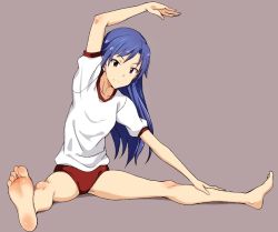 Rule 34 | 1girl, bare legs, barefoot, blue hair, brown eyes, buruma, commentary request, expressionless, feet, foot focus, grey background, gym shirt, gym uniform, idolmaster, idolmaster (classic), kisaragi chihaya, leaning to the side, long hair, looking at viewer, no.gomensu, red buruma, shirt, short sleeves, simple background, sitting, soles, solo, spread legs, stretching, toes, white shirt, yoga