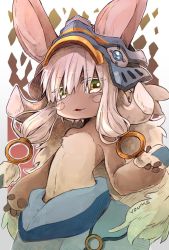 Rule 34 | 1other, animal ears, animal hands, artist name, baggy pants, blue headwear, blue pants, brown fur, commentary request, cowboy shot, furry, green eyes, helmet, horizontal pupils, looking at viewer, made in abyss, mumu yu mu, nanachi (made in abyss), other focus, pants, parted lips, revision, short hair with long locks, solo, whiskers