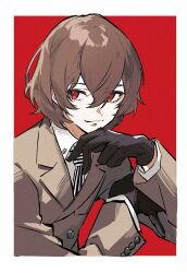 1boy akechi_gorou black_gloves border brown_hair brown_suit collared_shirt formal gloves hair_between_eyes highres horizontal-striped_necktie long_sleeves male_focus minuonuonuo necktie persona persona_5 red_background red_eyes shirt short_hair simple_background solo striped_clothes suit upper_body vertical-striped_clothes vertical-striped_necktie white_border white_shirt