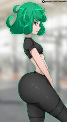 Rule 34 | 1girl, ass, ass focus, breasts, curvy, green eyes, green hair, gym, highres, huge ass, looking at viewer, one-punch man, pants, solo, tatsumaki, thick thighs, thighs, tight clothes, wide hips, zonen404