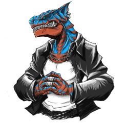 Rule 34 | 1boy, capcom, chain, earrings, jewelry, male focus, monster hunter (series), partially colored, ring, solo, tagane, tigrex, white background