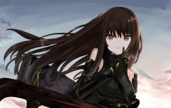 Rule 34 | 1girl, black gloves, breasts, brown eyes, brown hair, closed mouth, day, girls&#039; frontline, gloves, highres, long hair, looking at viewer, m4a1 (girls&#039; frontline), m4a1 (mod3) (girls&#039; frontline), medium breasts, mod3 (girls&#039; frontline), mutugorou u, outdoors, sidelocks, sky, smile, solo, upper body