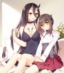 Rule 34 | 10s, 2girls, :d, abyssal ship, bad id, bad pixiv id, battleship princess, bike shorts, black dress, black hair, breasts, brown hair, camisole, choker, cleavage, couch, dress, hair between eyes, head tilt, horns, kantai collection, large breasts, long hair, looking at viewer, multiple girls, open mouth, philomelalilium, pillow, pleated skirt, short dress, short hair, sitting, skin-covered horns, skirt, smile, spaghetti strap, taihou (kancolle), yellow eyes